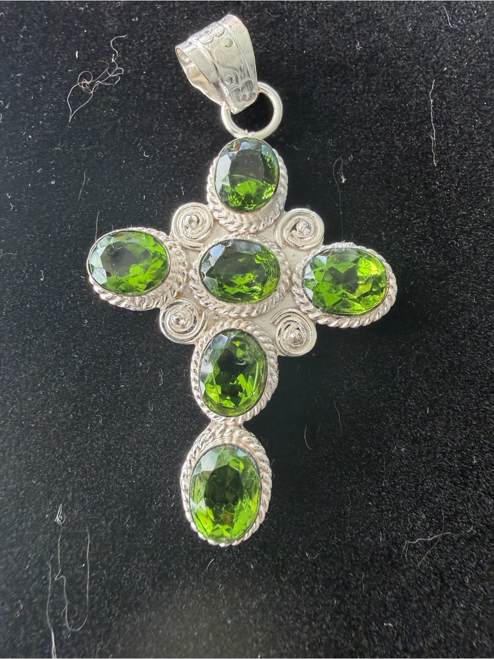 Vintage 925 Silver Cross Pendant with Green Stones